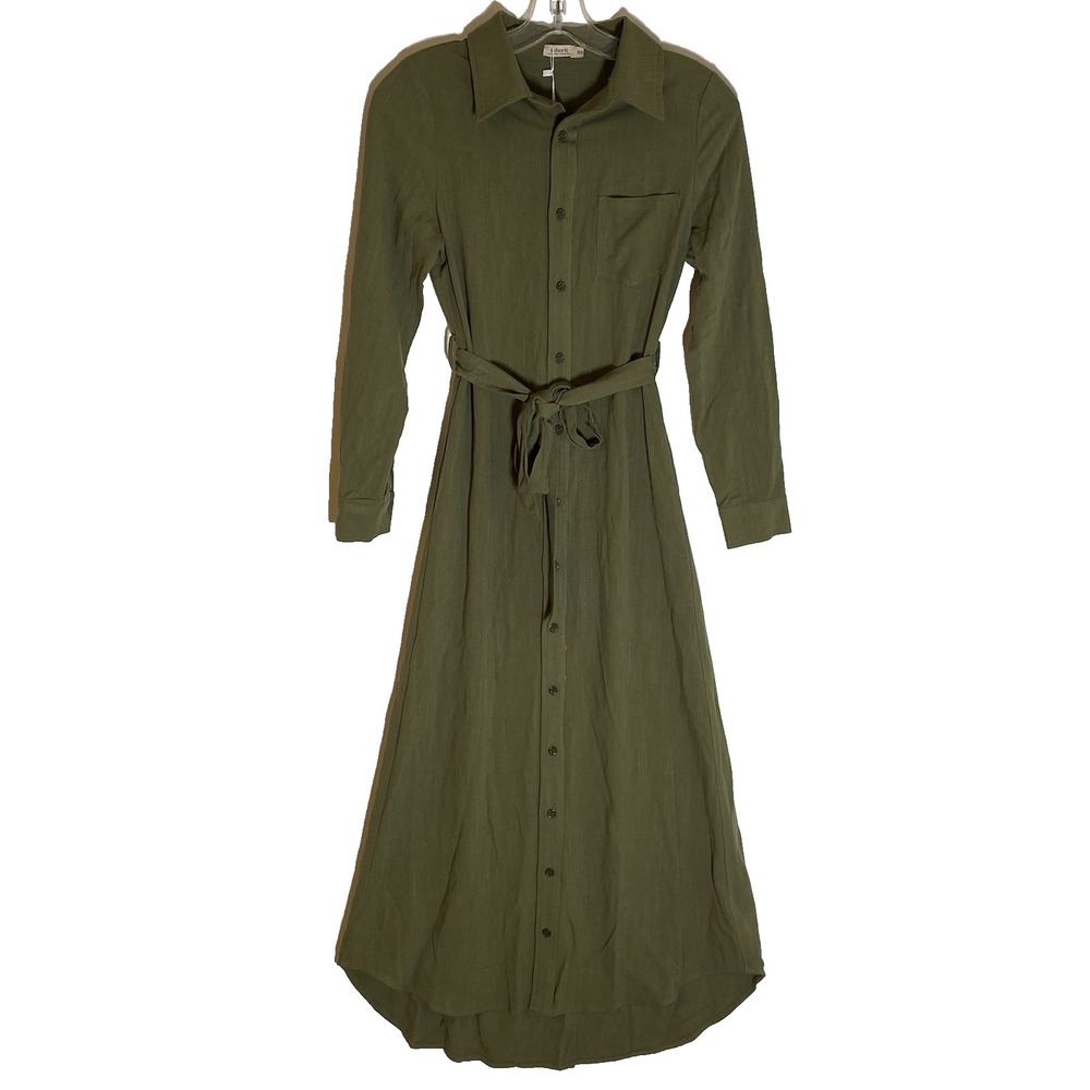 Inherit Shirt Dress Womens XS Green Button Up Belted Long Sleeve Linen Blend NEW